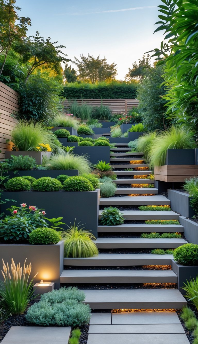 A narrow garden with multiple terraced levels connected by stone steps, filled with green plants and flowers.